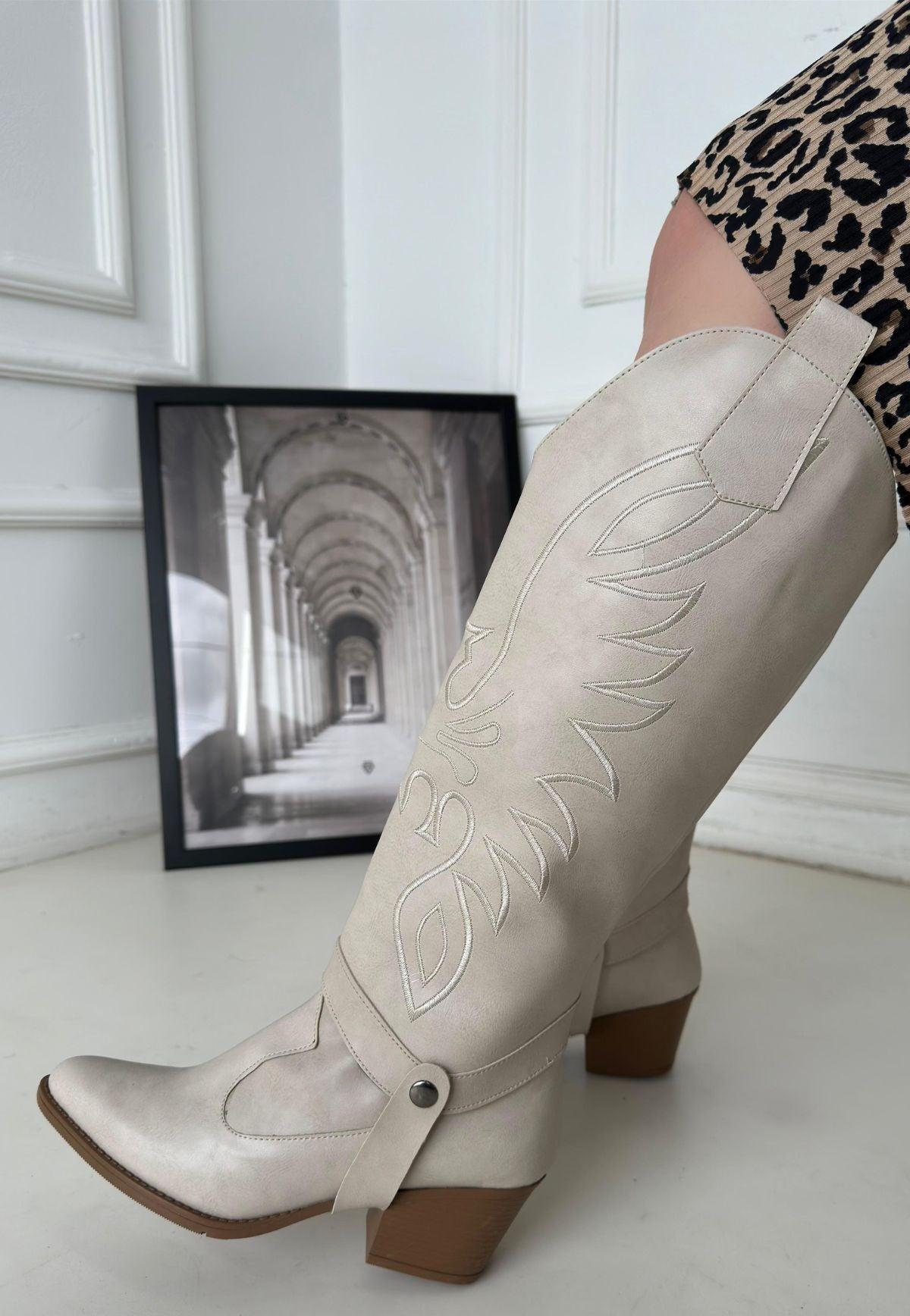 Women's Beige Skin Slip On Heeled Boots And Boots - STREETMODE™