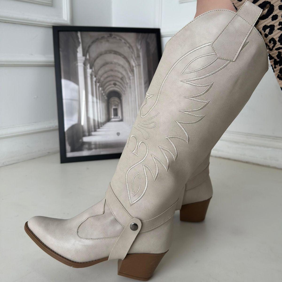 Women's Beige Skin Slip On Heeled Boots And Boots - STREETMODE™