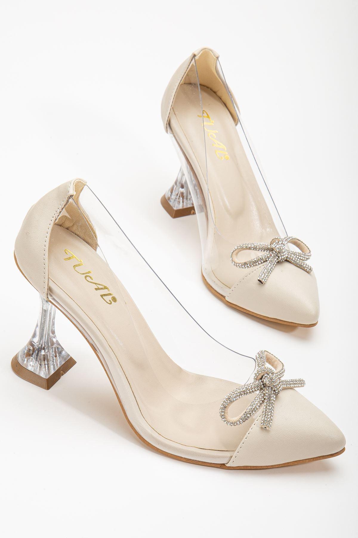 Women's Beige Stiletto Stone Skin Transparent Heeled Shoes - STREETMODE™