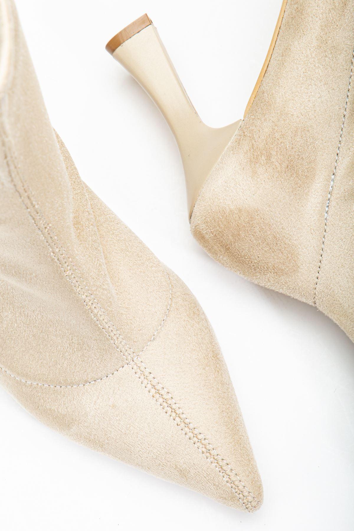 Women's Beige Suede Ankle Mid Heel Boots - STREETMODE™