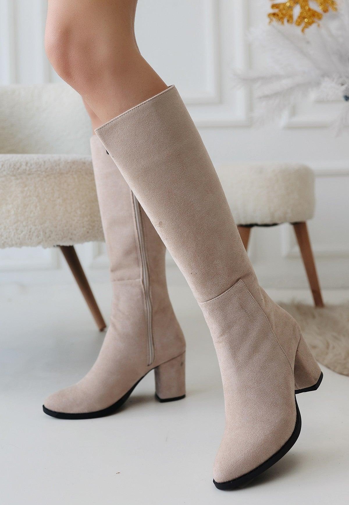 Women's Beige Suede Heeled Boots - STREETMODE™