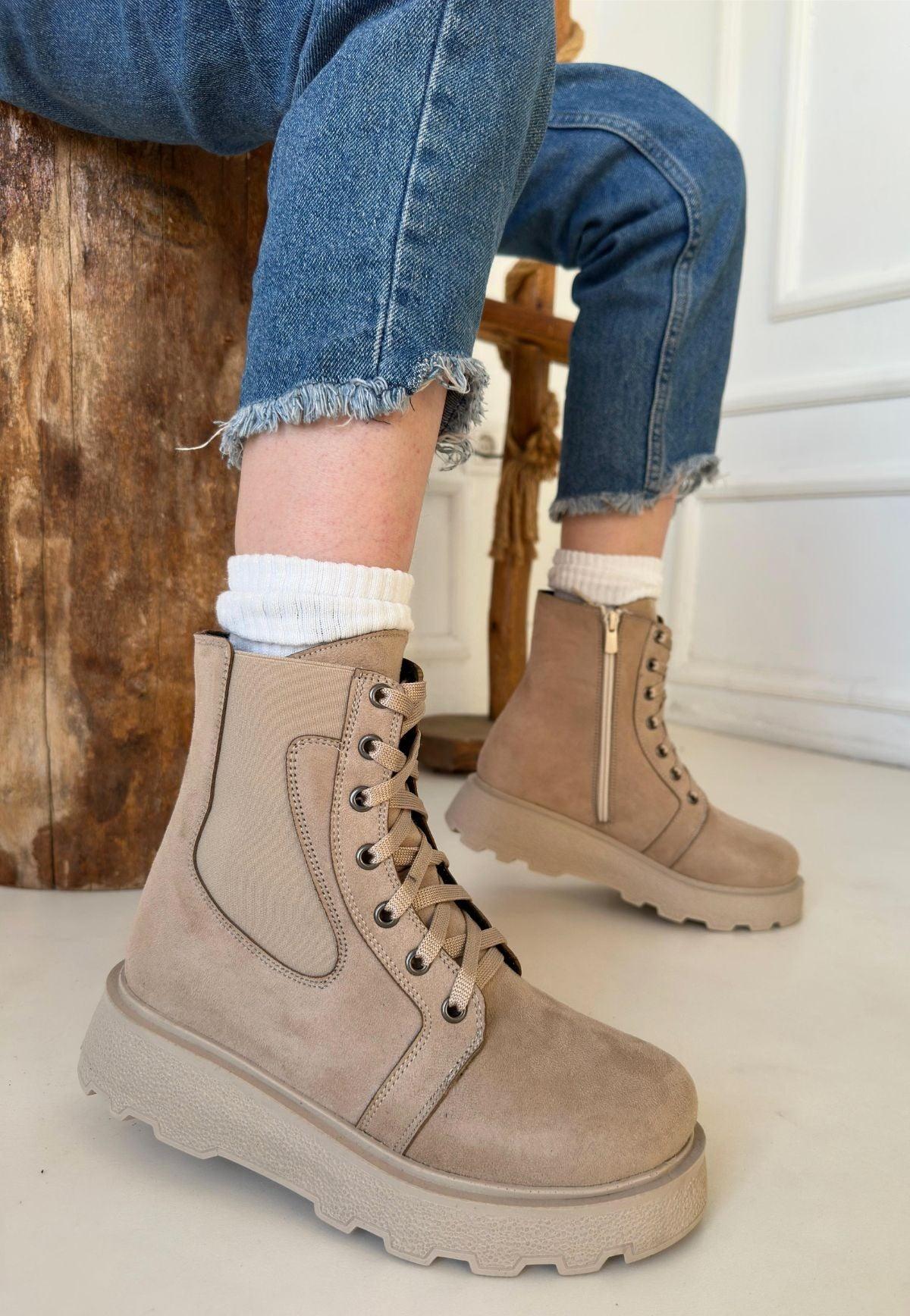 Women's Beige Suede Lace-Up Boots - STREETMODE™