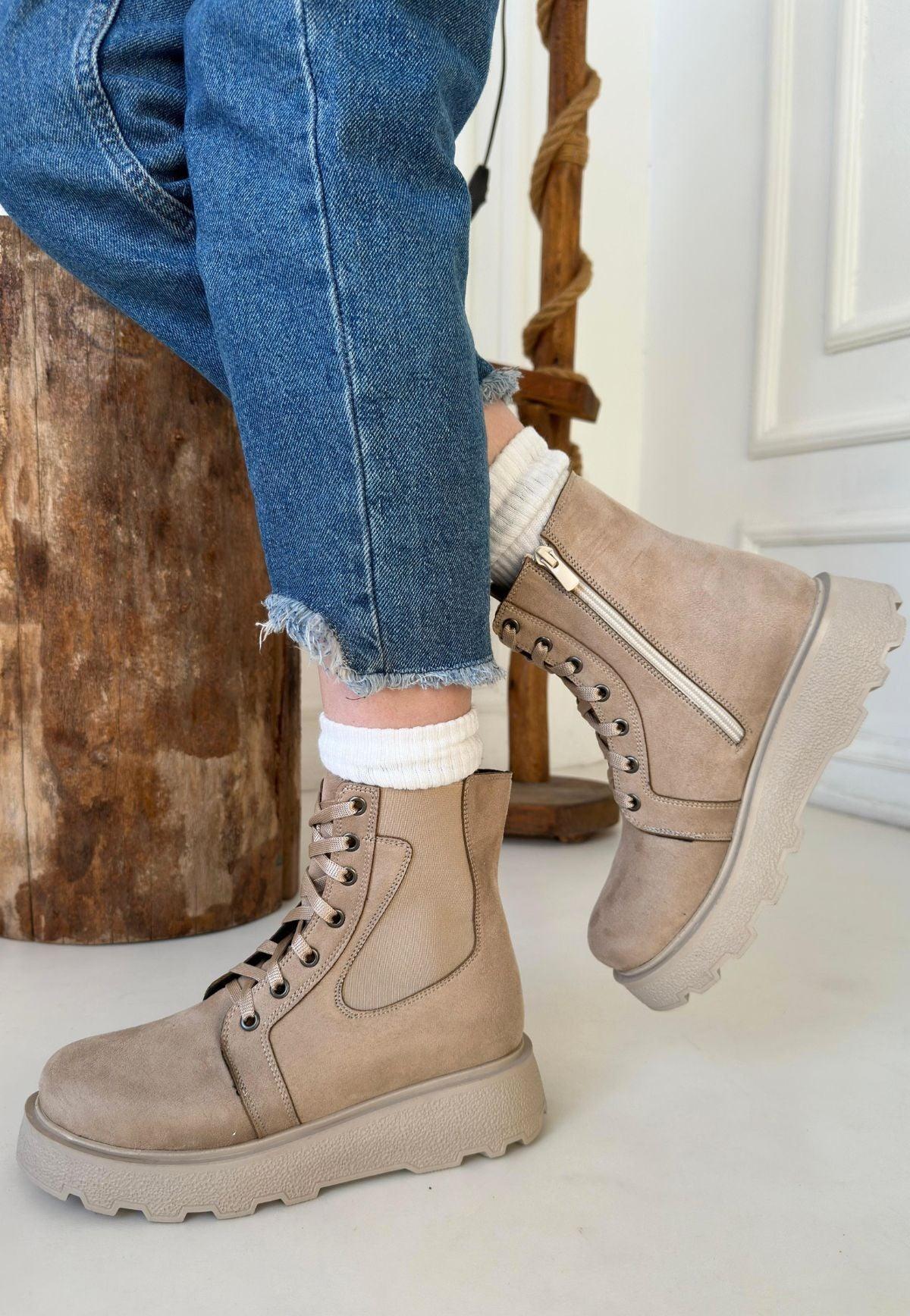 Women's Beige Suede Lace-Up Boots - STREETMODE™