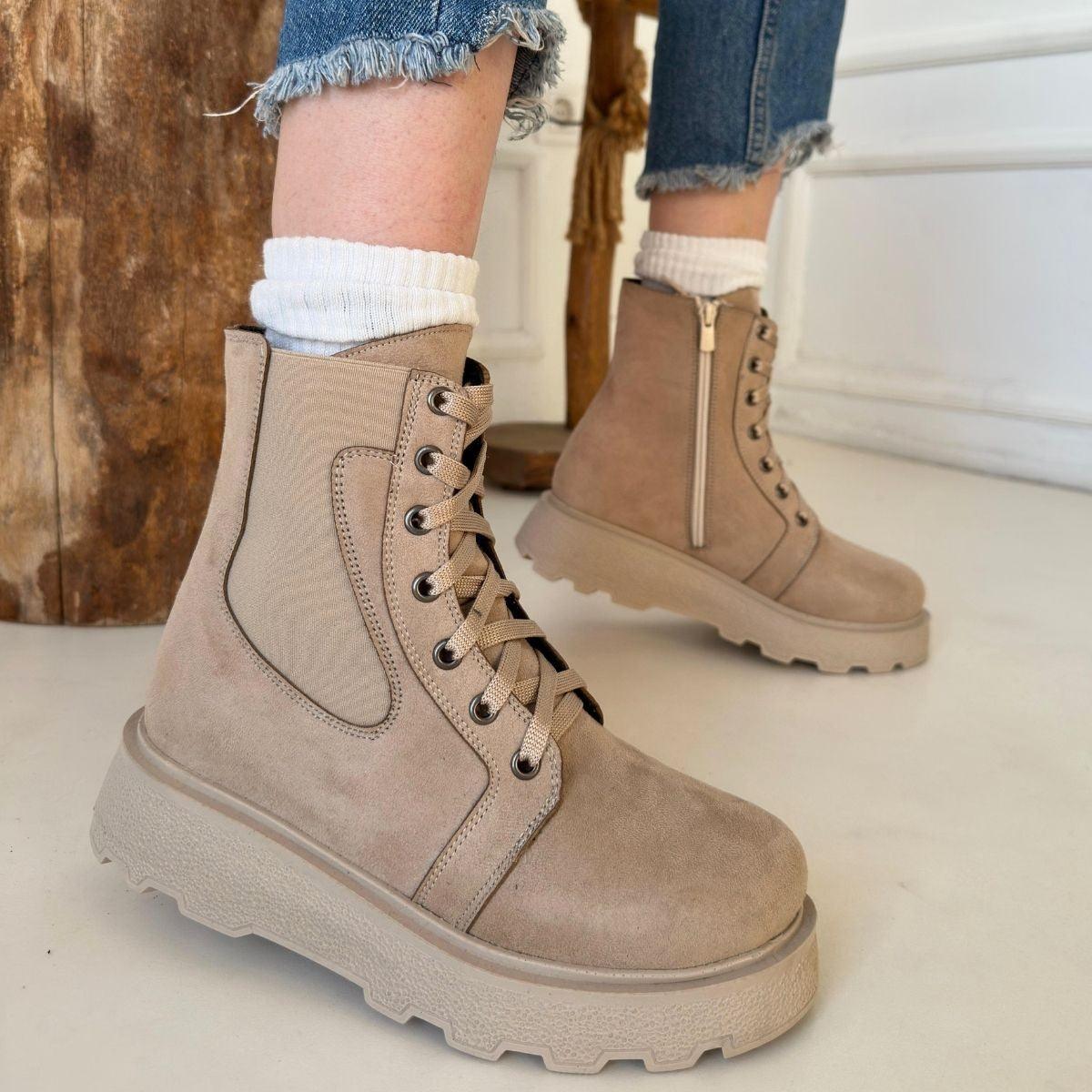 Women's Beige Suede Lace-Up Boots - STREETMODE™