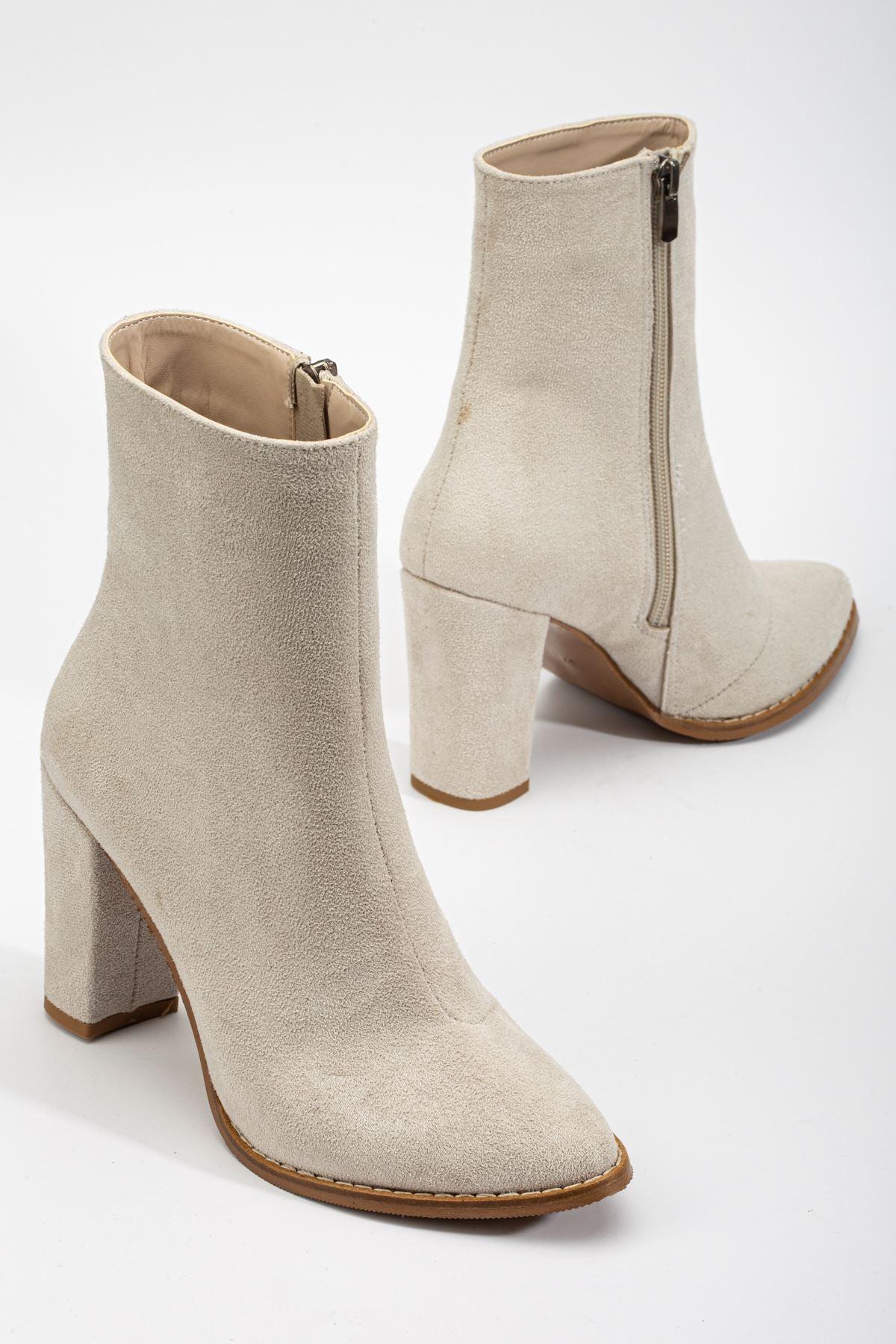 Women's Beige Suede Pointed Toe Zippered Chunky Heel Boots - STREETMODE™