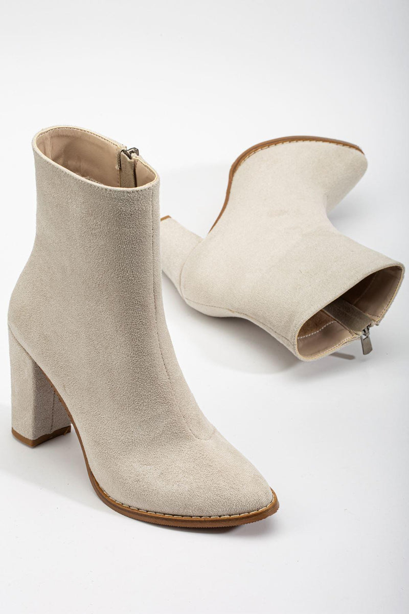 Women's Beige Suede Pointed Toe Zippered Chunky Heel Boots - STREETMODE™