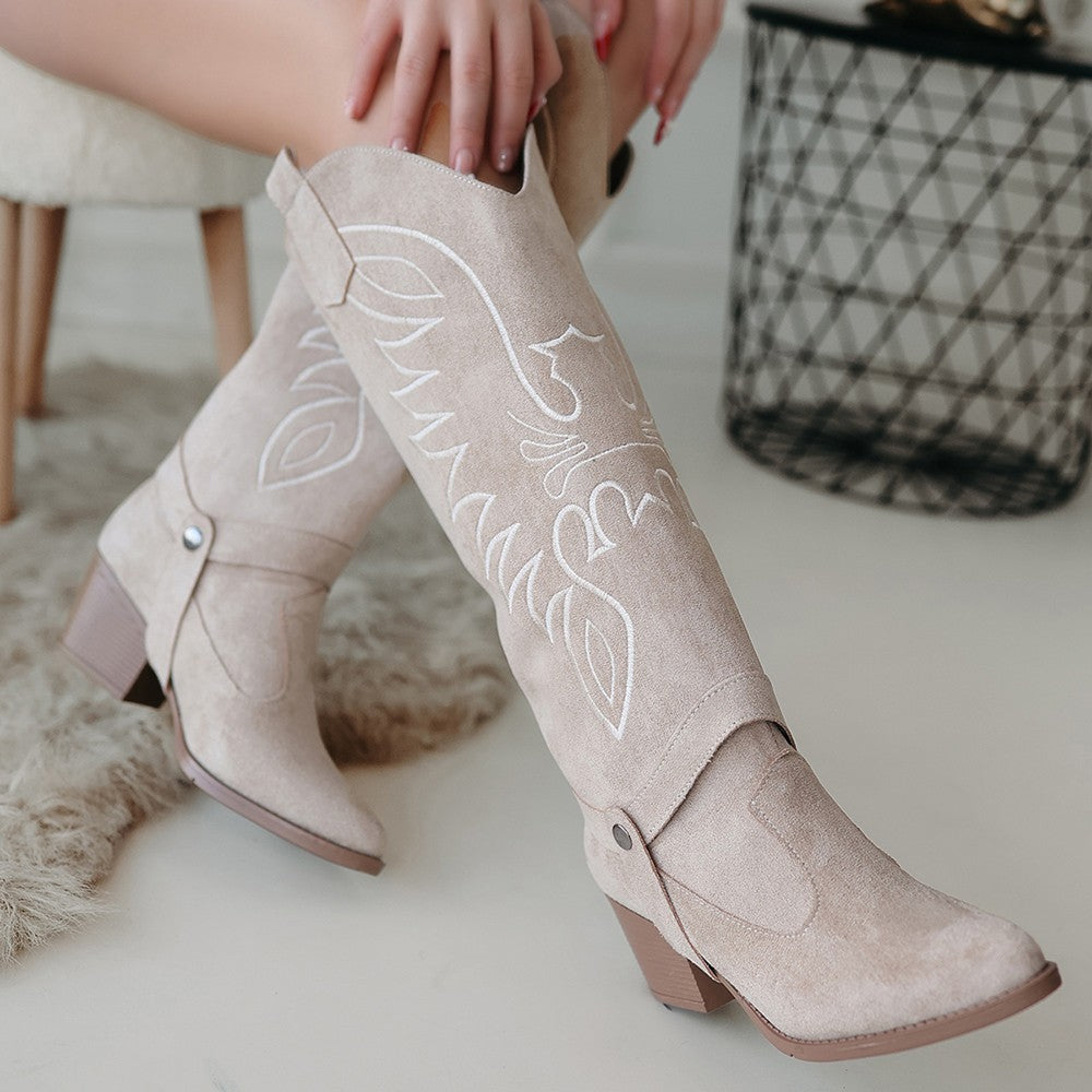 Women's Beige Suede Slip-On Heeled Boots And Boots - STREETMODE™