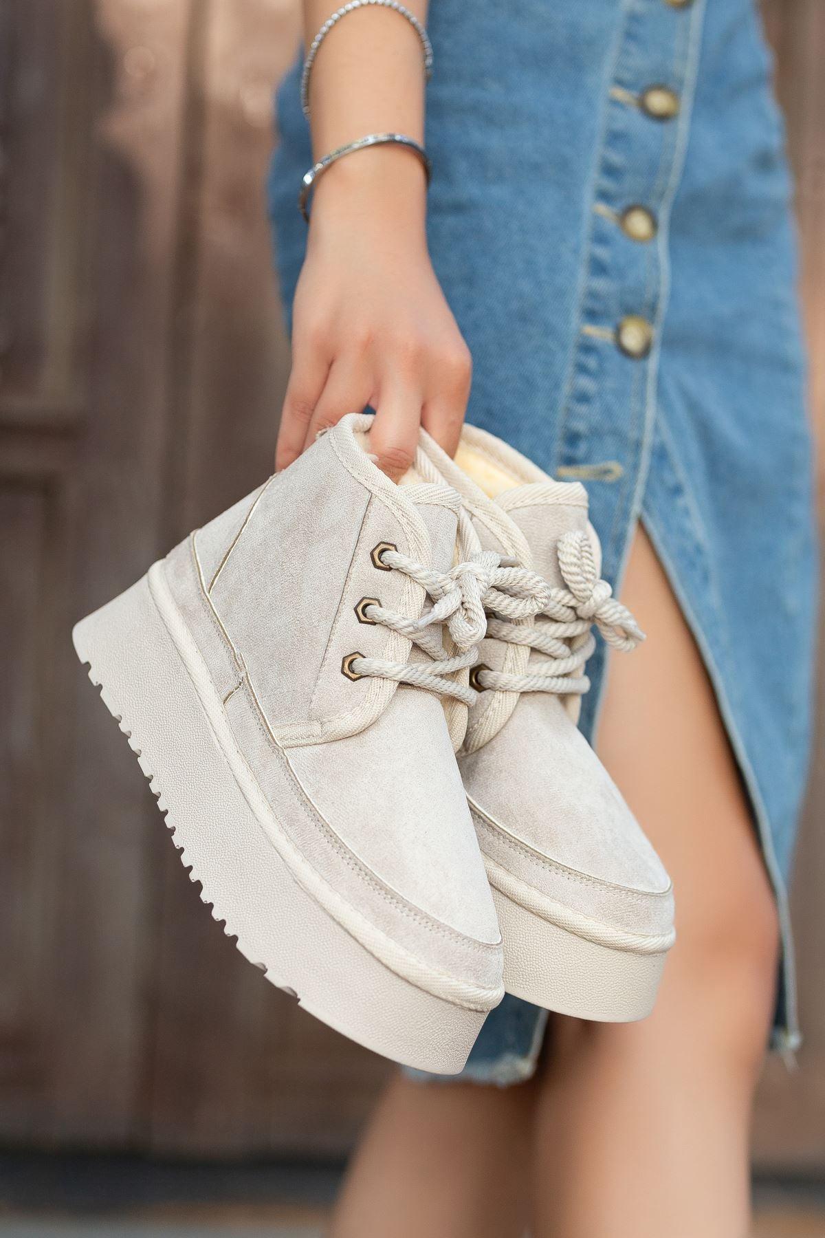 Women's Beige Suede Thick-Soled Lace-Up Ankle Boots - STREETMODE™