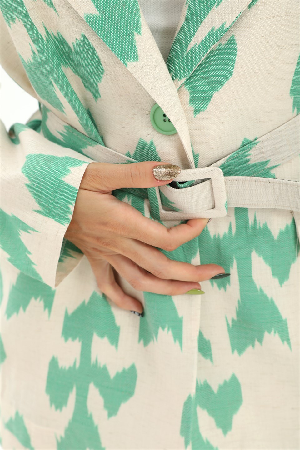 Women's Belt Patterned Oversize Blazer Jacket - Green - STREETMODE™