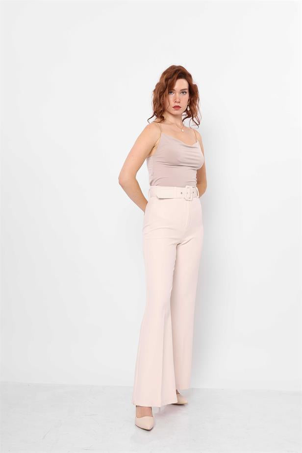 Women's Belted Flare Trousers Beige - STREETMODE™