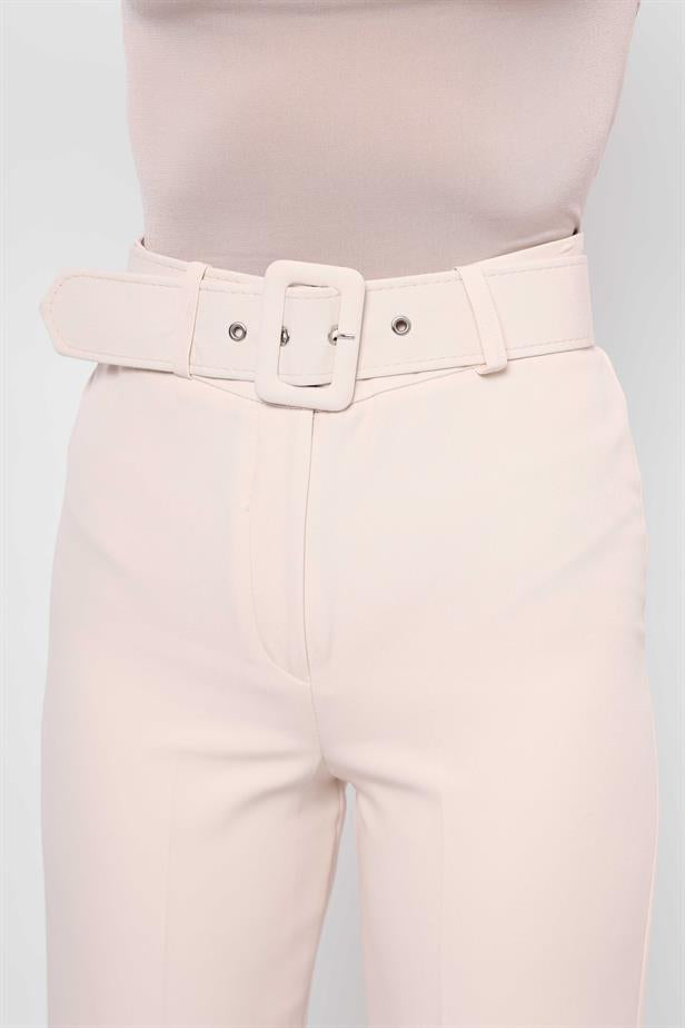 Women's Belted Flare Trousers Beige - STREETMODE™