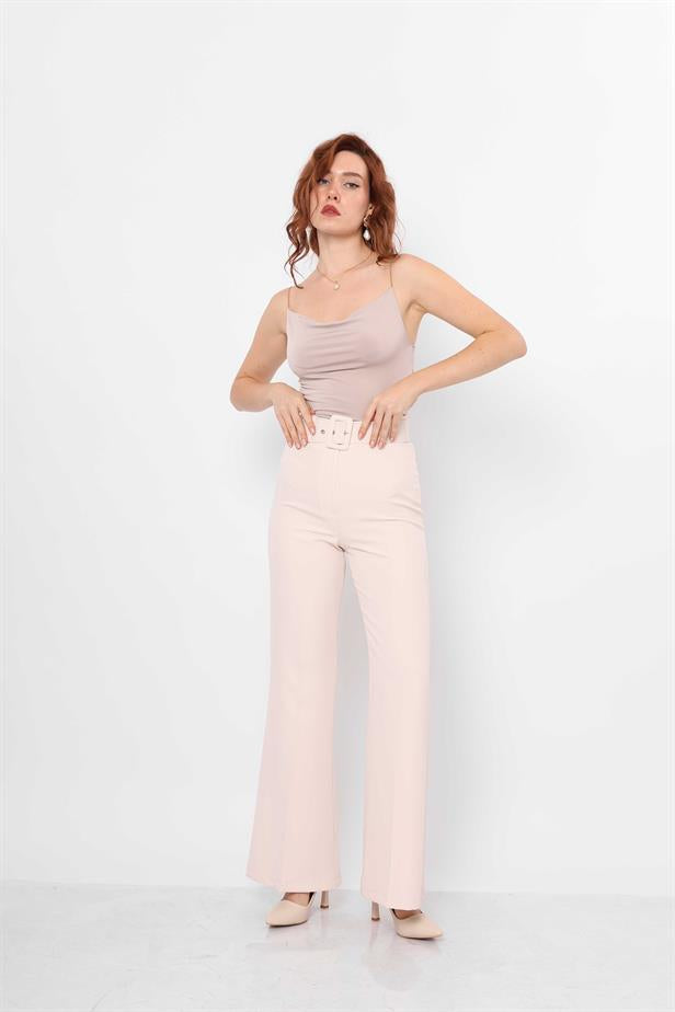 Women's Belted Flare Trousers Beige - STREETMODE™