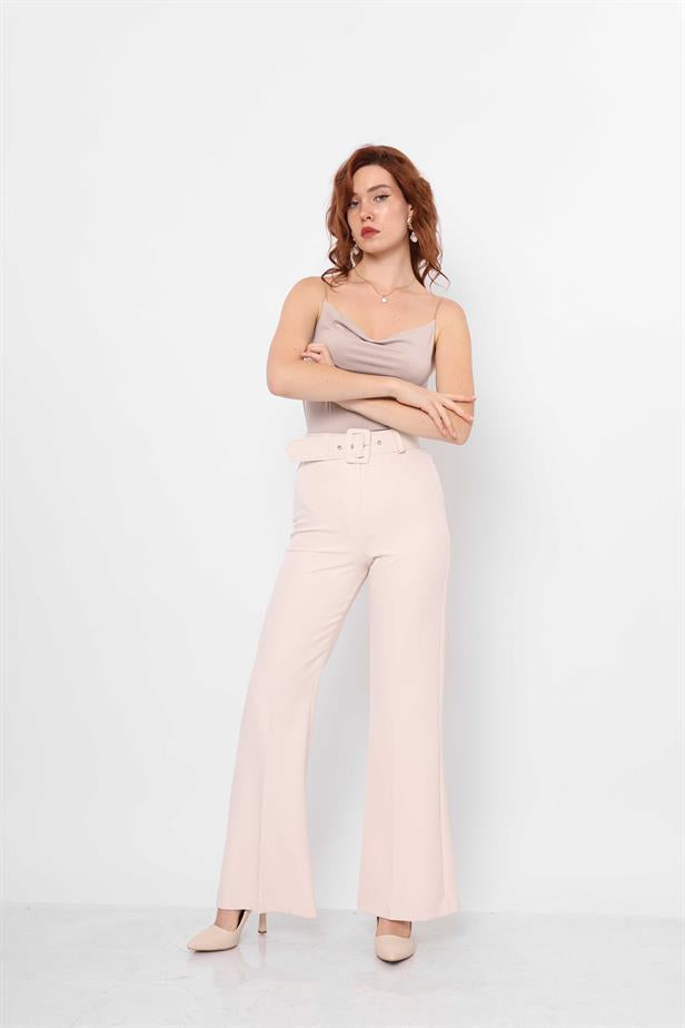 Women's Belted Flare Trousers Beige - STREETMODE™