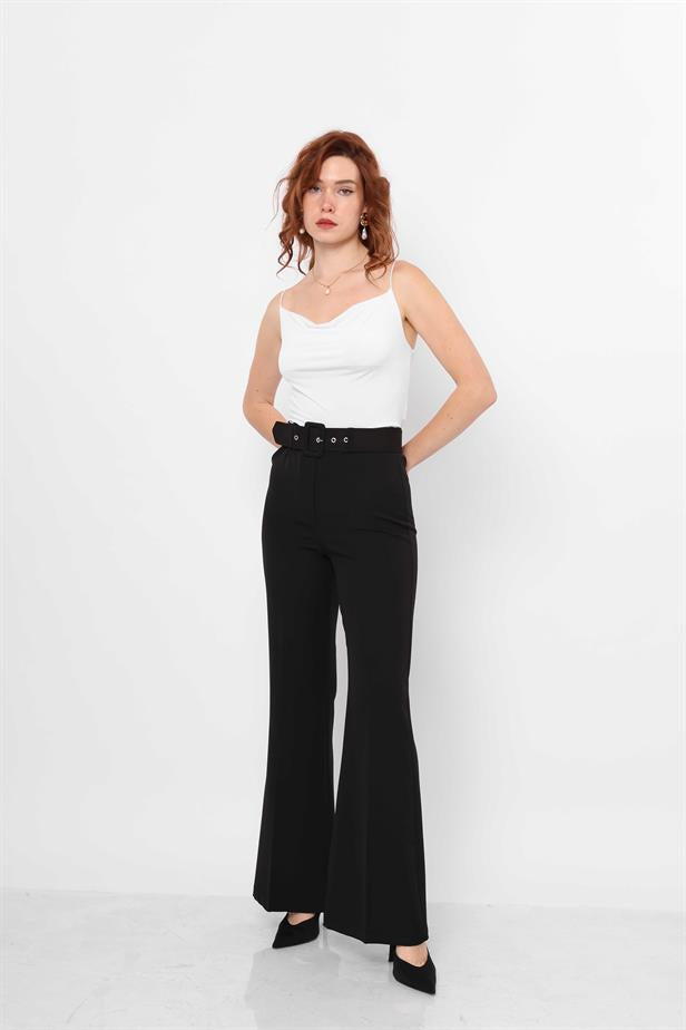 Women's Belted Flare Trousers Black - STREETMODE™