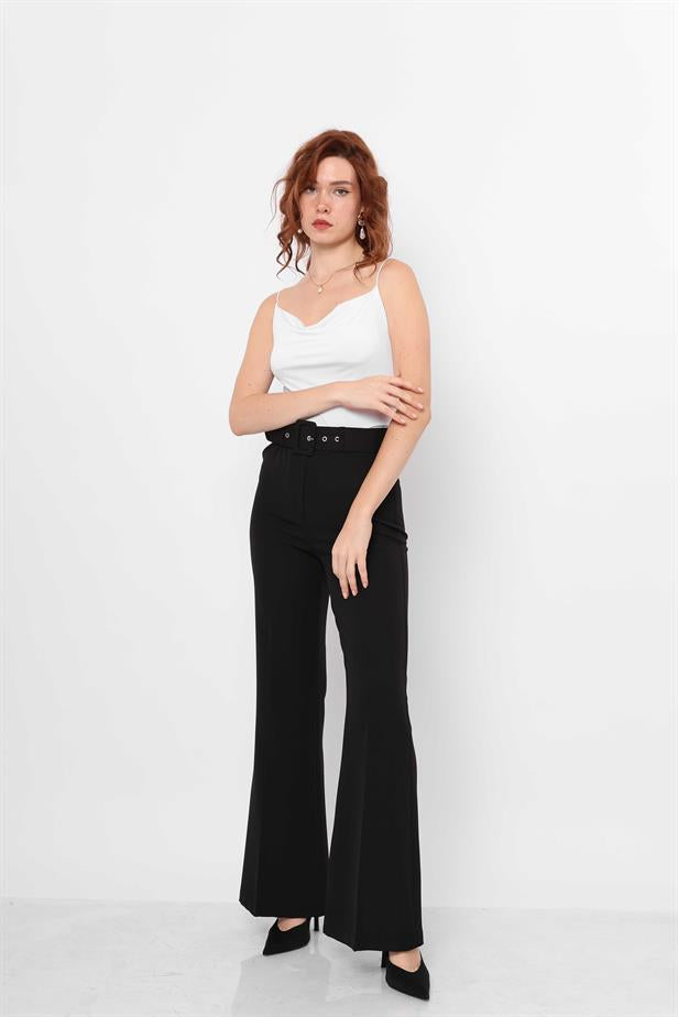 Women's Belted Flare Trousers Black - STREETMODE™