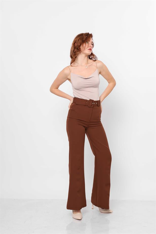 Women's Belted Flare Trousers Brown - STREETMODE™