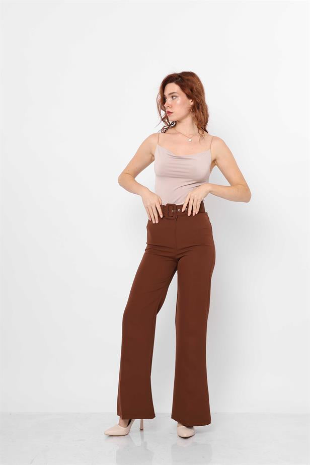 Women's Belted Flare Trousers Brown - STREETMODE™