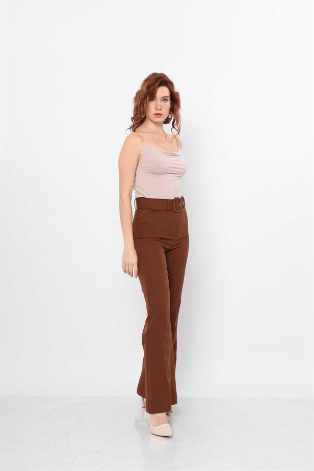 Women's Belted Flare Trousers Brown - STREETMODE™