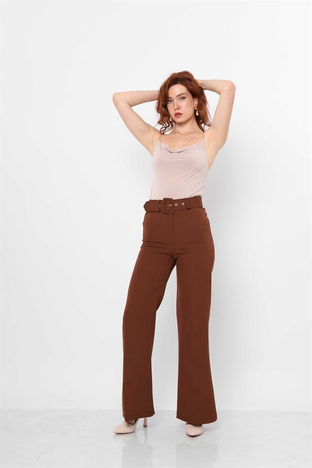 Women's Belted Flare Trousers Brown - STREETMODE™