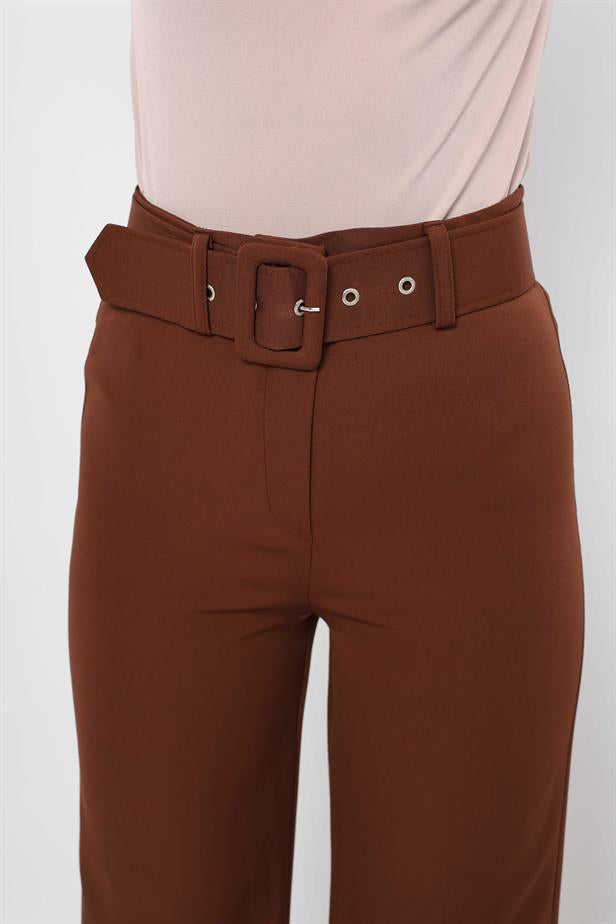 Women's Belted Flare Trousers Brown - STREETMODE™