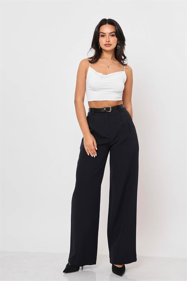 Women's Belted Palazzo Trousers Navy Blue - STREETMODE™