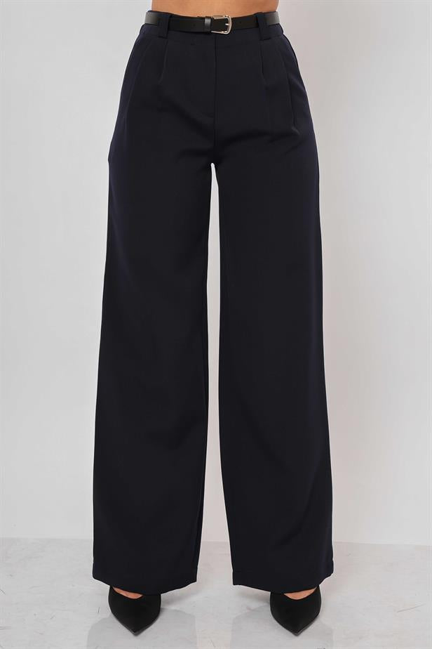 Women's Belted Palazzo Trousers Navy Blue - STREETMODE™
