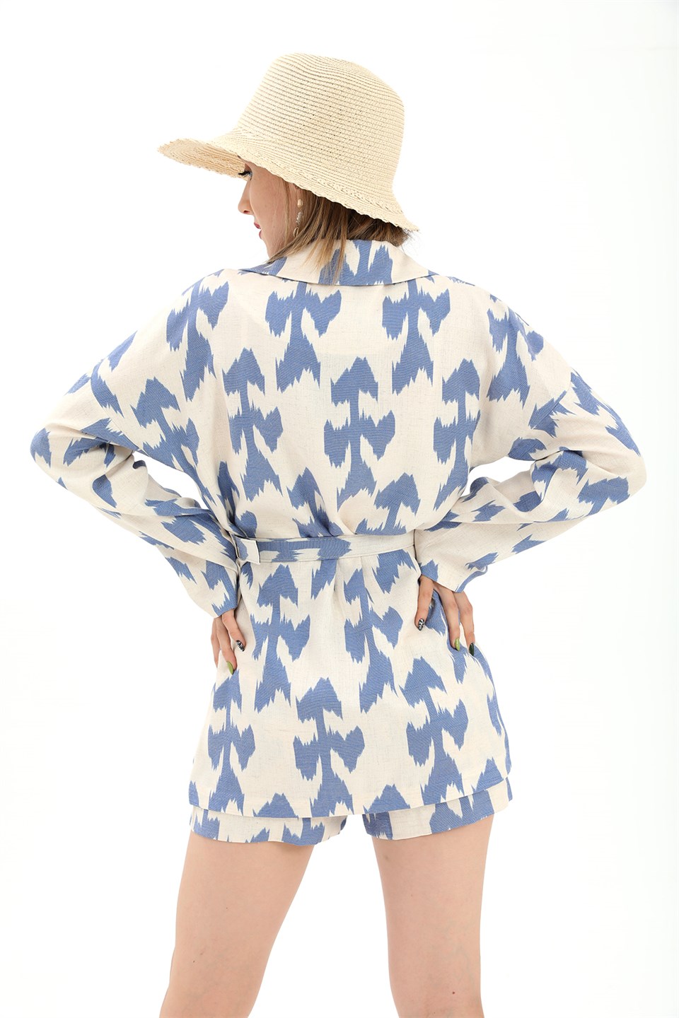Women's Belted Patterned Oversize Blazer Jacket - Blue - STREETMODE™