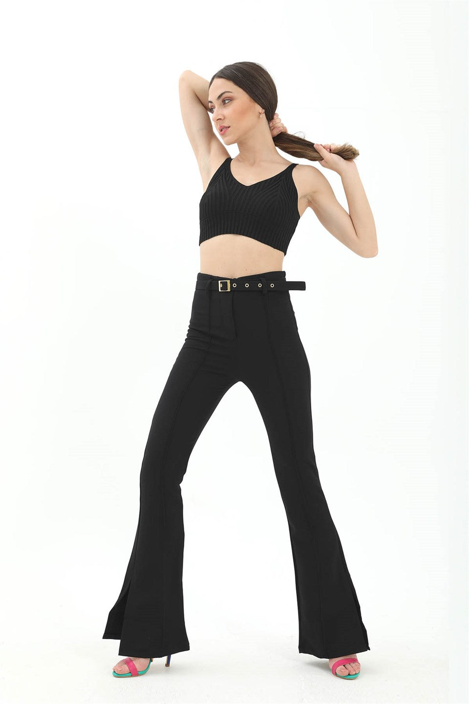 Women's Belted Side Slit Spanish Leg Atlas Fabric Trousers - Black - STREETMODE™