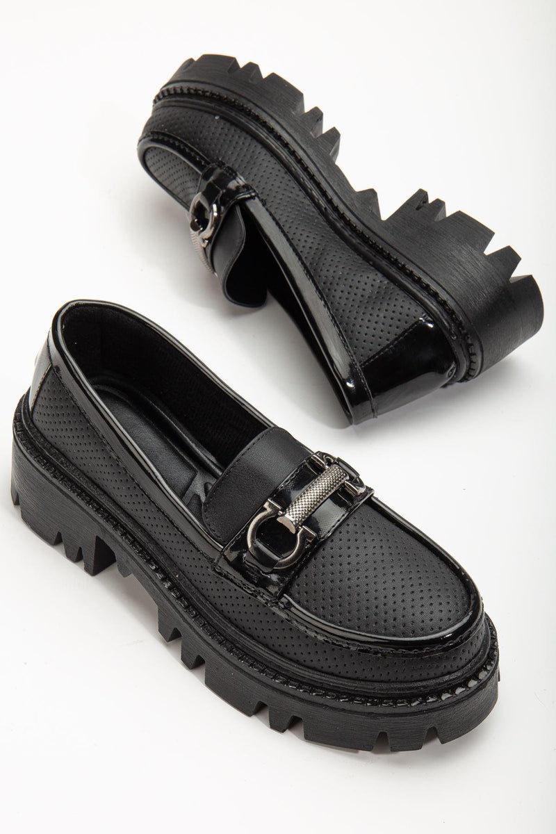 Women's Black Buckle Detailed Oxford Shoes - STREETMODE™