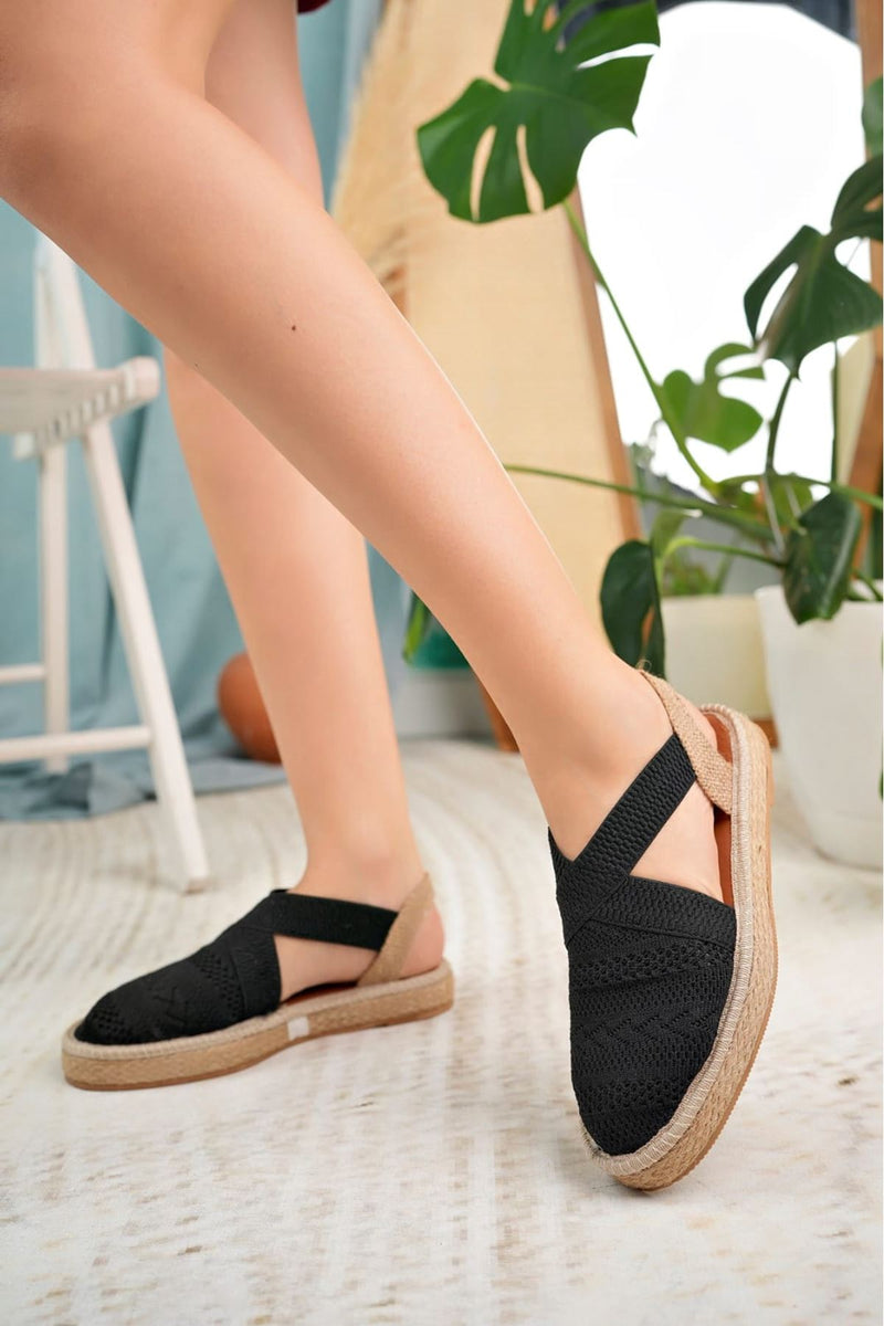 Women's Black Closed Toe Elastic Knitwear Sandals - STREETMODE™