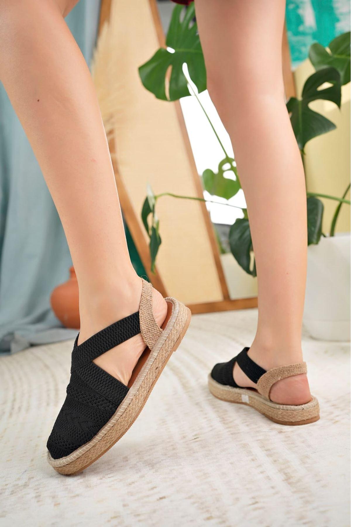 Women's Black Closed Toe Elastic Knitwear Sandals - STREETMODE™