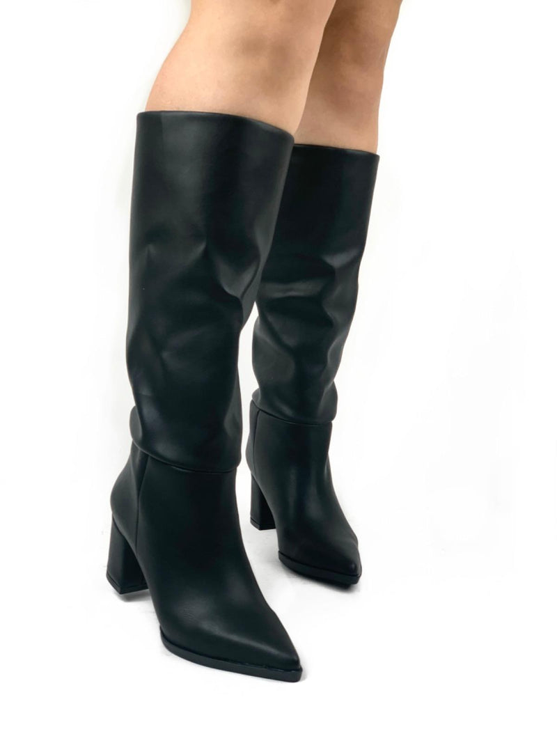 Women's Black Dais Zipperless Heeled Skin Boots - STREETMODE™