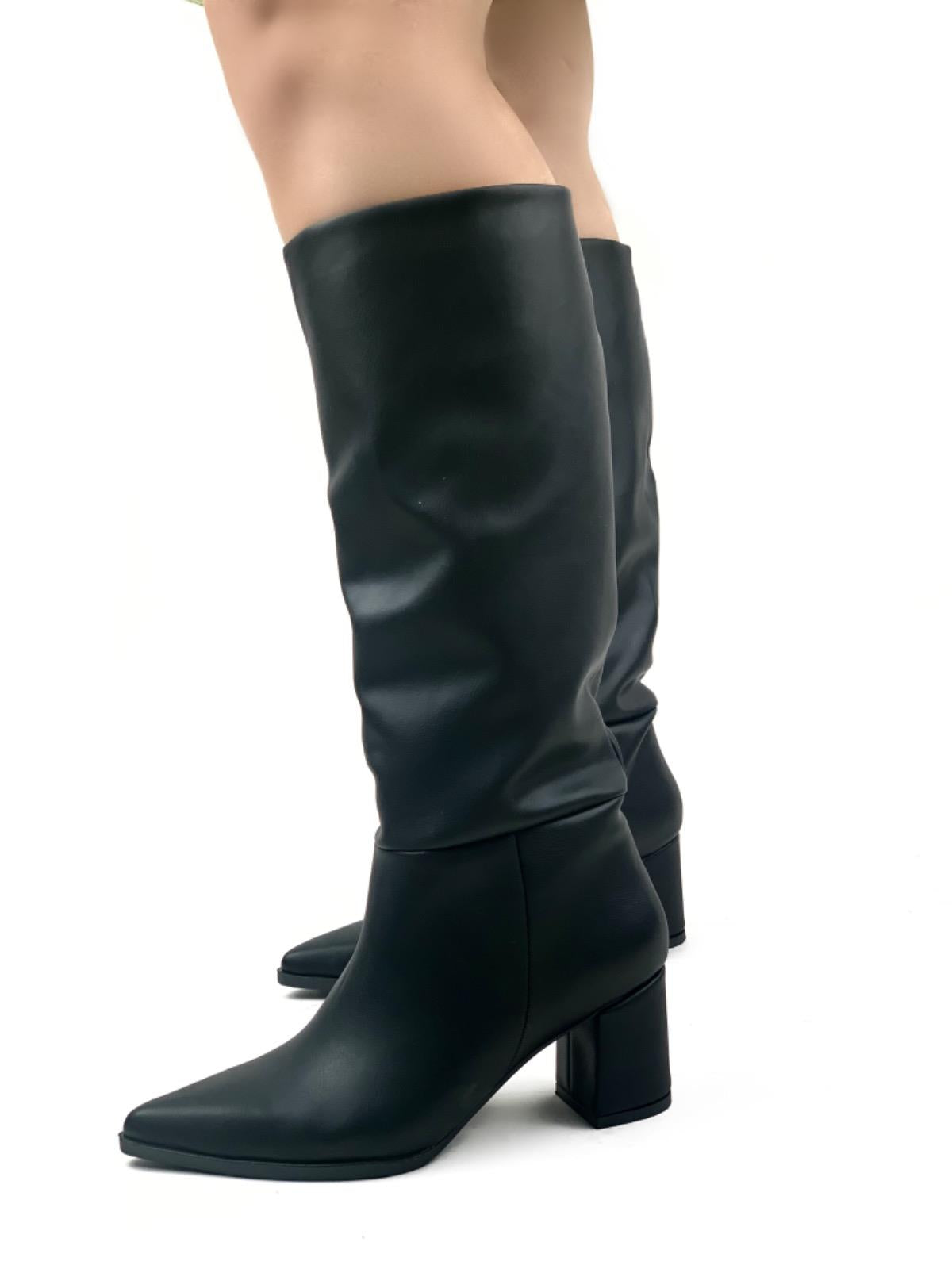 Women's Black Dais Zipperless Heeled Skin Boots - STREETMODE™