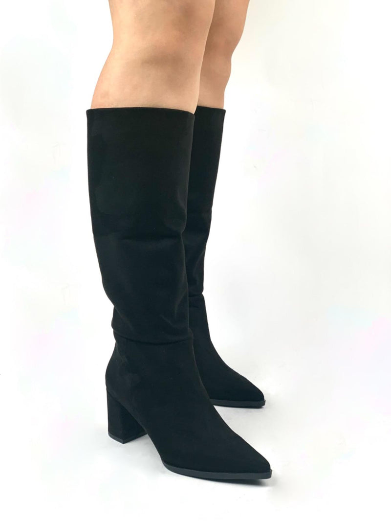 Women's Black Dais Zipperless Heeled Suede Boots - STREETMODE™