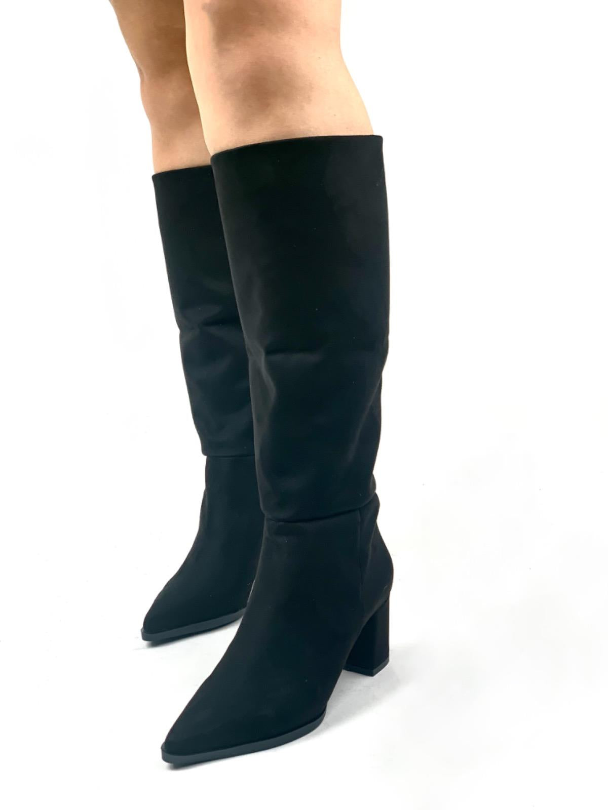 Women's Black Dais Zipperless Heeled Suede Boots - STREETMODE™