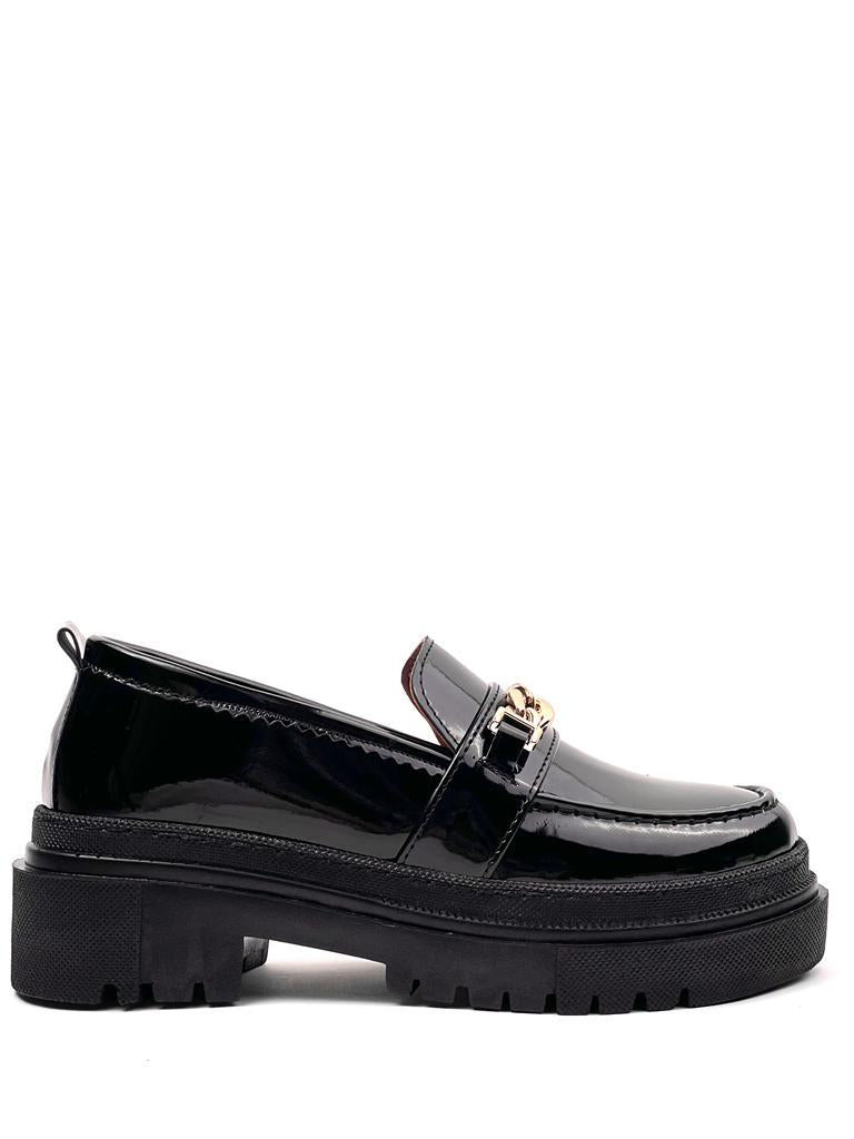 Women's Black Doxy Patent Leather Poly Orthopedic Comfort Sole Chain Oxford Moccasin High Sole Shoes - STREETMODE™