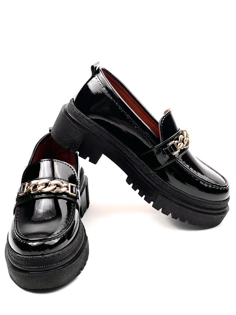 Women's Black Doxy Patent Leather Poly Orthopedic Comfort Sole Chain Oxford Moccasin High Sole Shoes - STREETMODE™