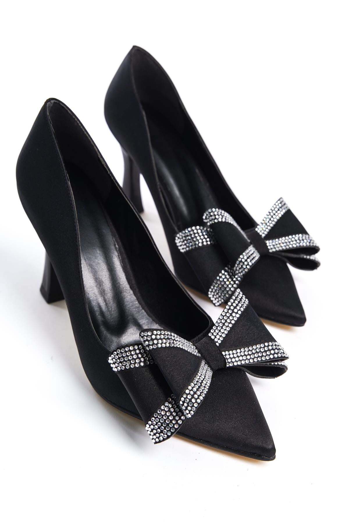 Women's Black Fasm Satin Painted Heel Bow Detailed Evening Shoes - STREETMODE™