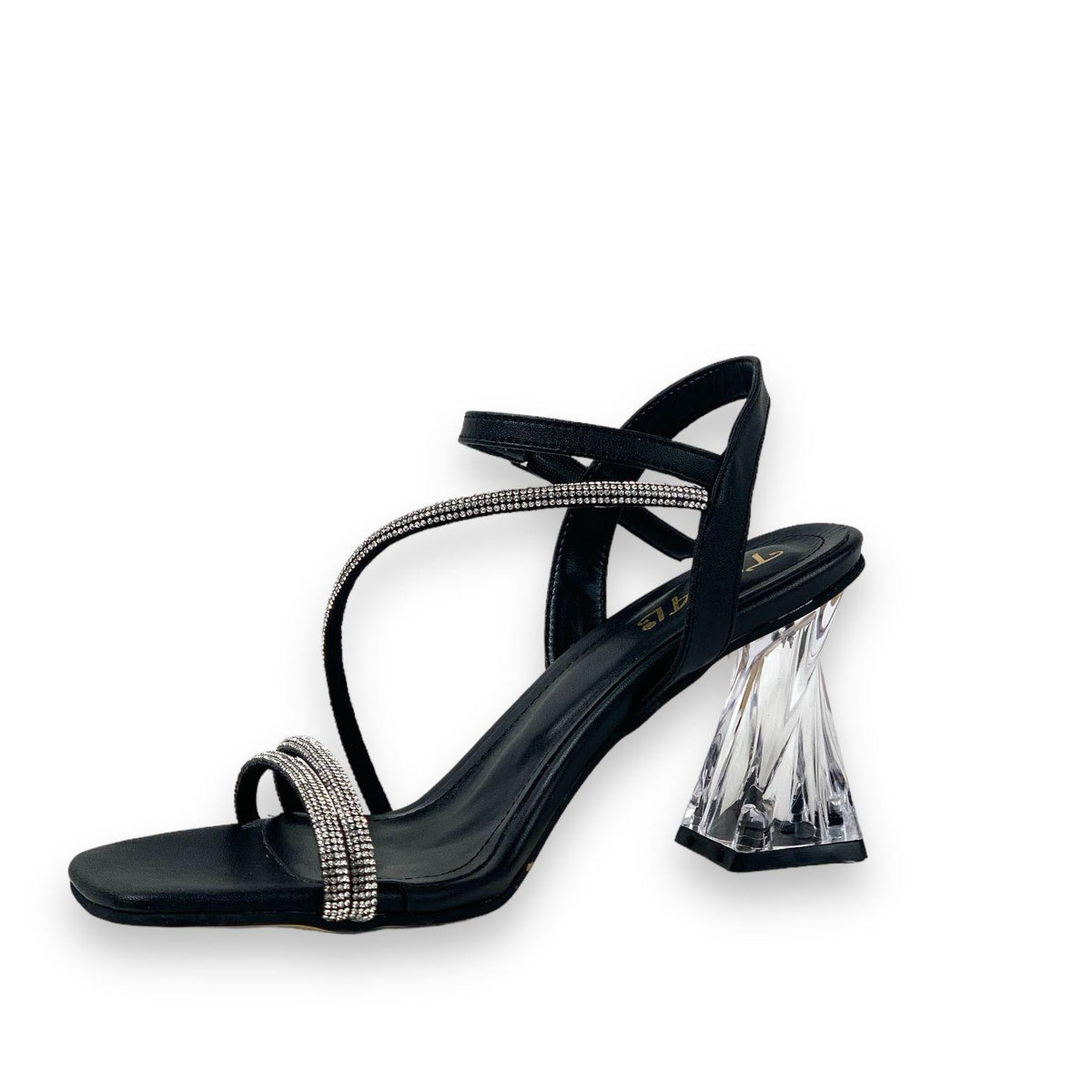 Women's Black Fens Twist Transparent Heel Ankle Lacing Stone Detailed Sandals Shoes 8 Cm - STREETMODE™