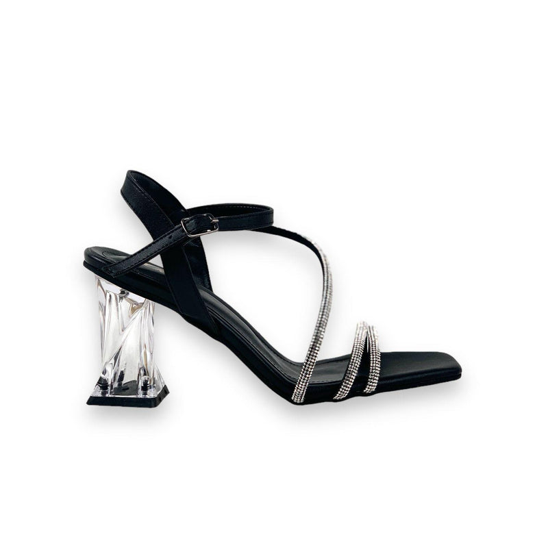 Women's Black Fens Twist Transparent Heel Ankle Lacing Stone Detailed Sandals Shoes 8 Cm - STREETMODE™