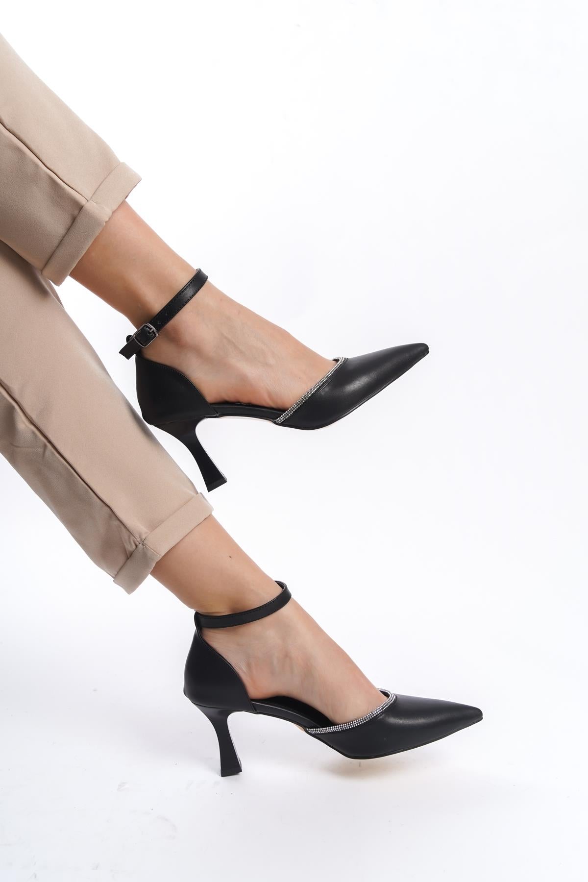 Women's Black Kenm Siciri Toe Thin Heel Stone Detailed Daily Evening Shoes - STREETMODE™