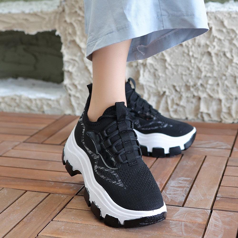 Women's Black Knitwear Lace-Up Sports Shoes - STREETMODE™