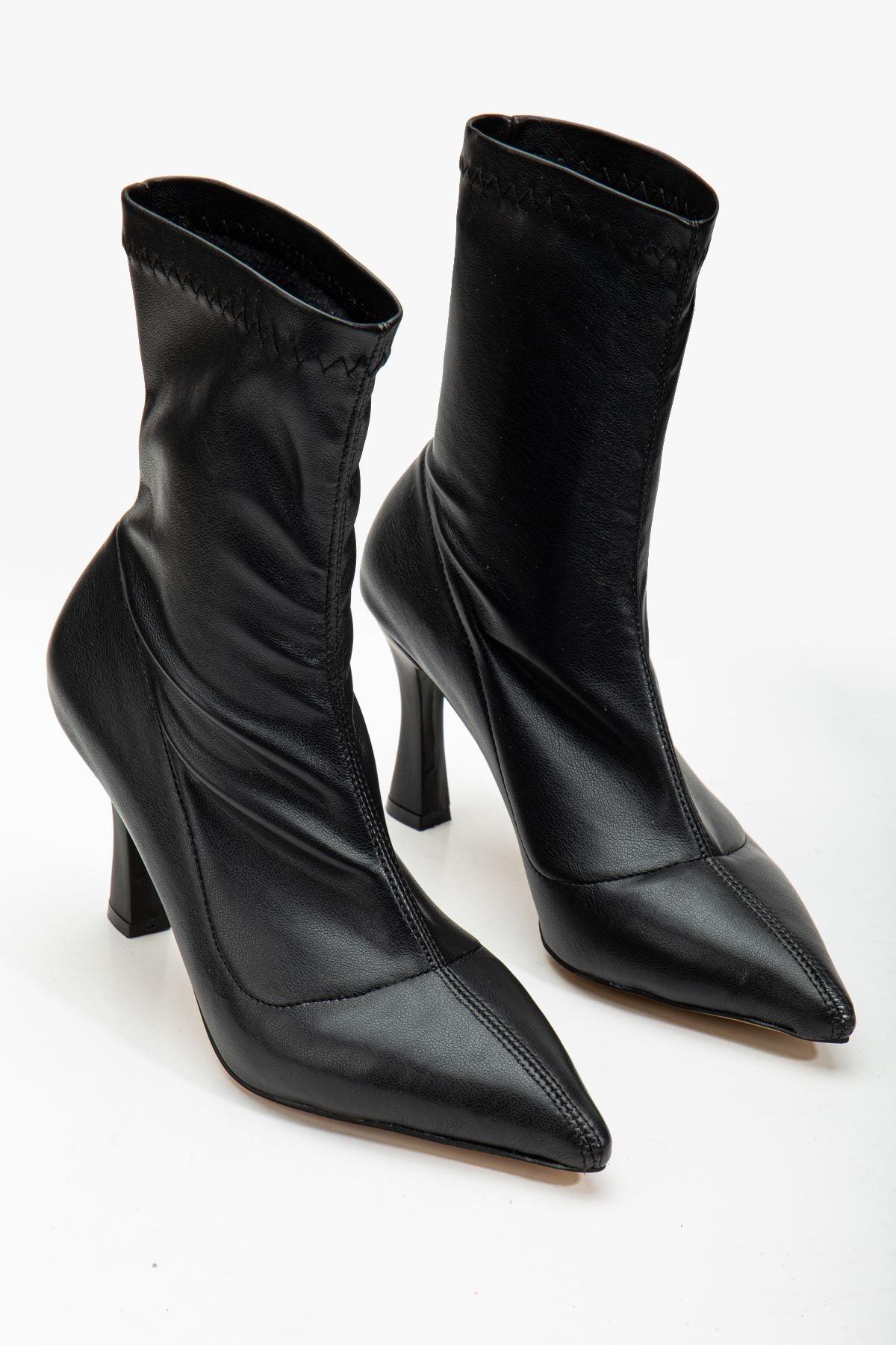 Women's Black Leather Ankle Mid Heel Boots - STREETMODE™