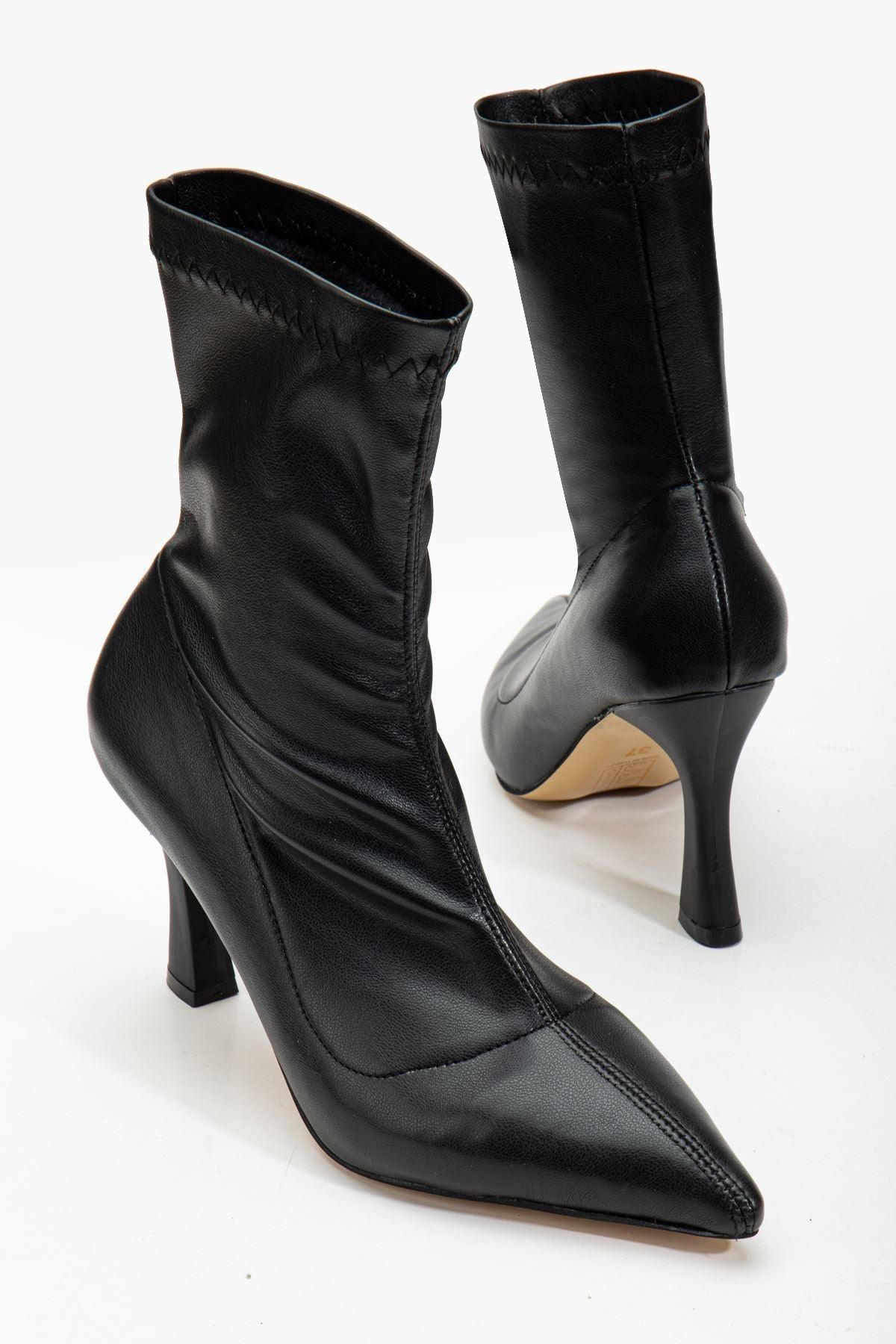 Women's Black Leather Ankle Mid Heel Boots - STREETMODE™