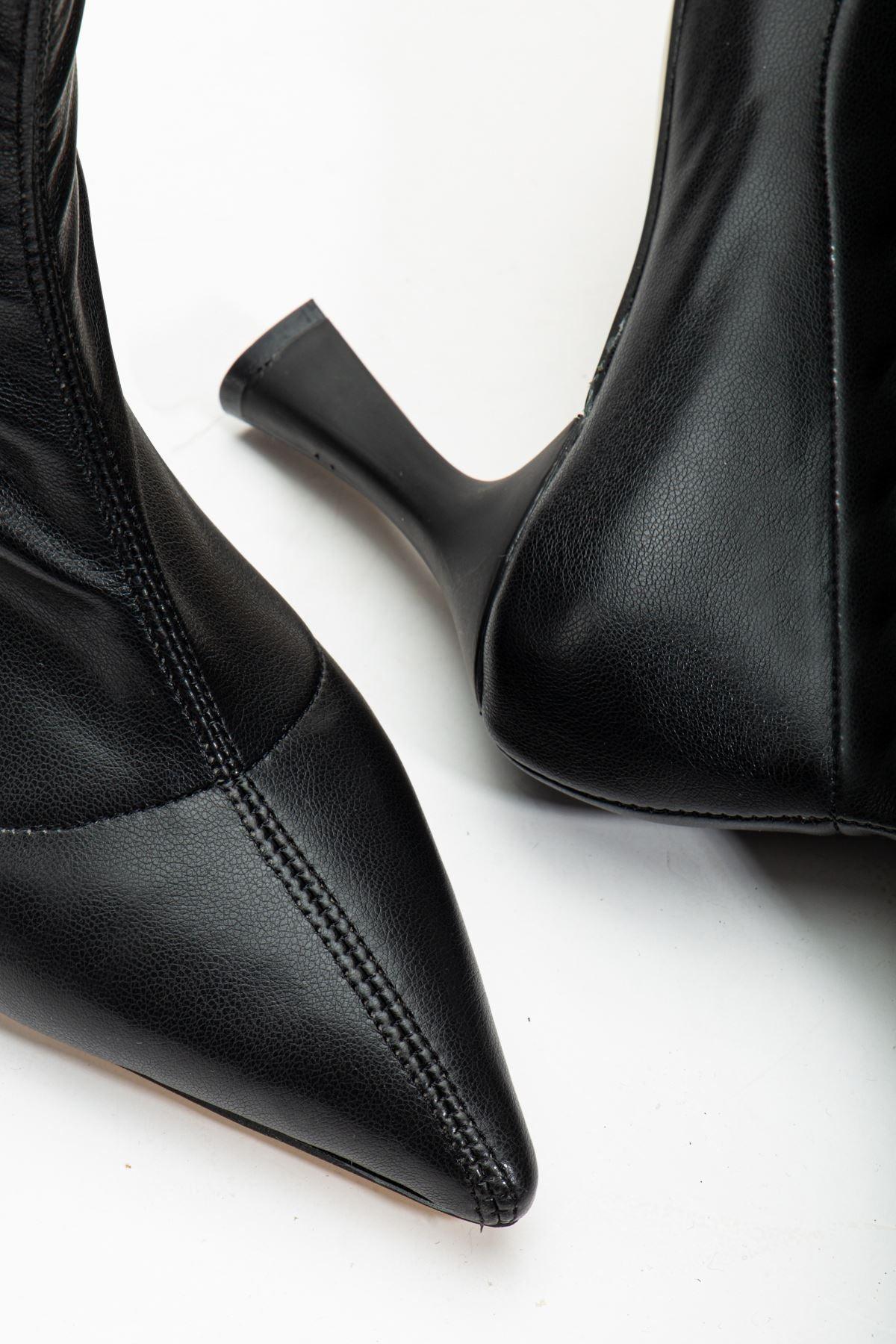 Women's Black Leather Ankle Mid Heel Boots - STREETMODE™