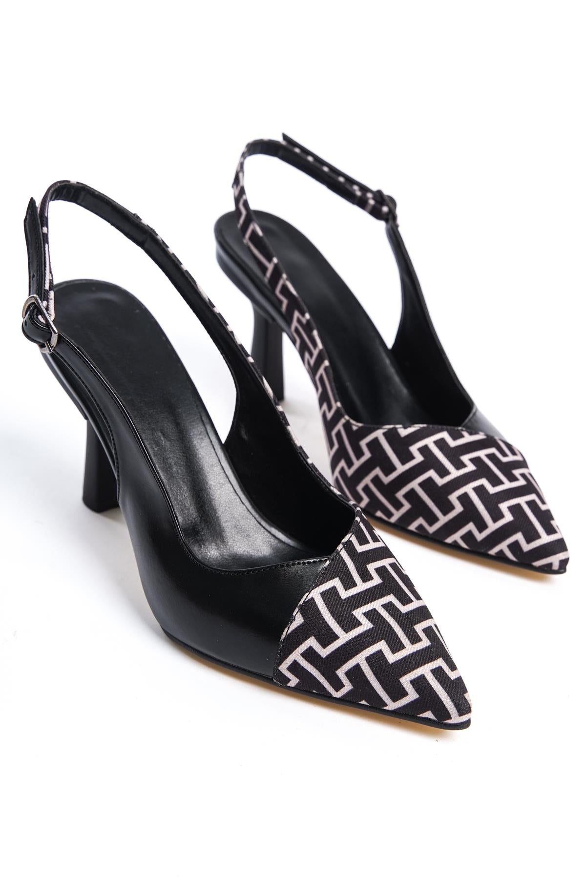 Women's Black Leather Fabric Detailed Heeled Shoes - STREETMODE™