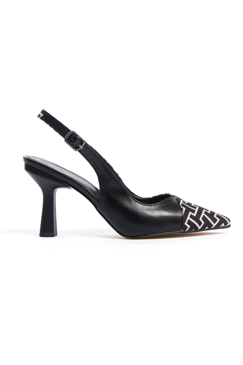 Women's Black Leather Fabric Detailed Heeled Shoes - STREETMODE™