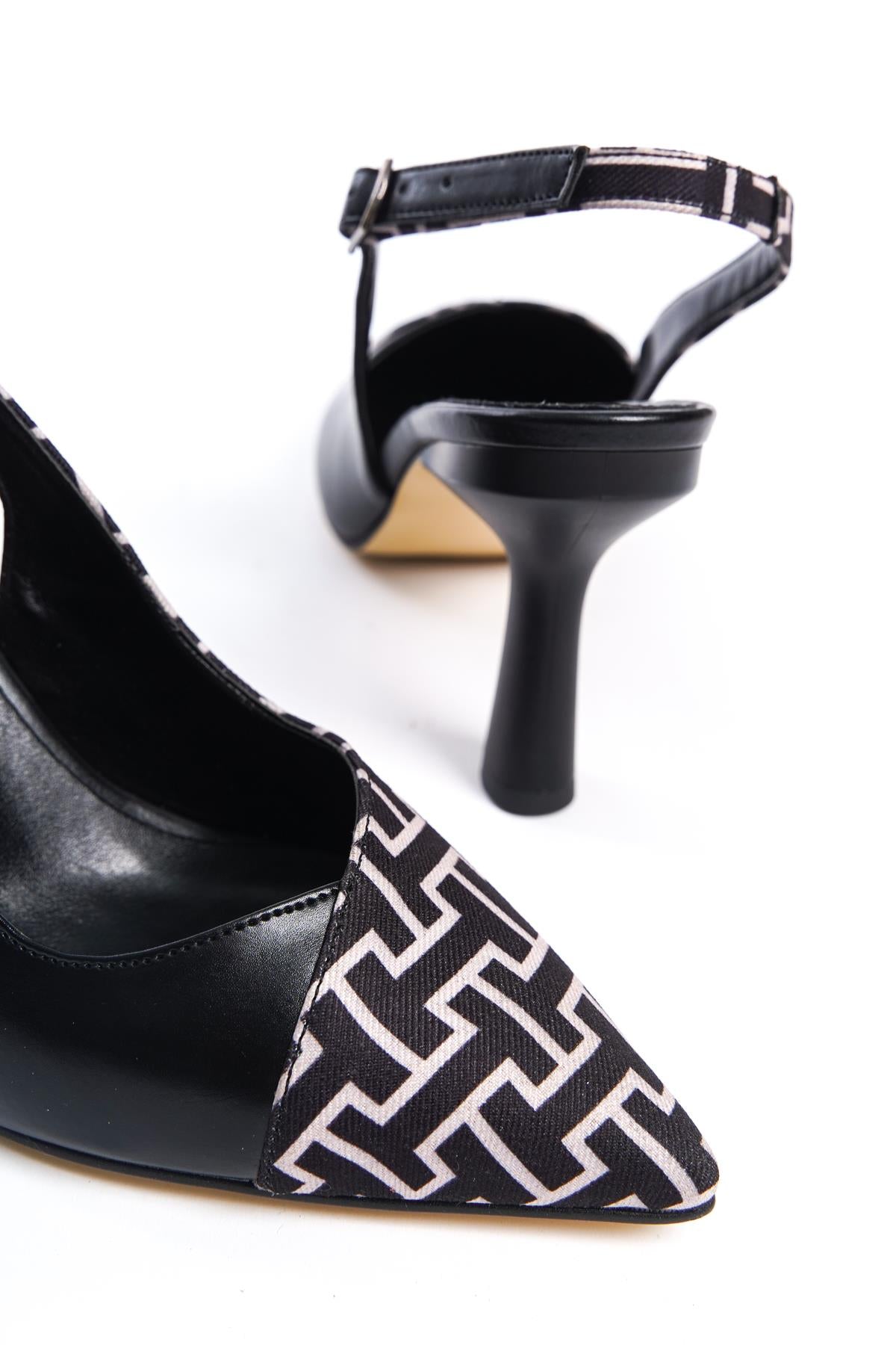 Women's Black Leather Fabric Detailed Heeled Shoes - STREETMODE™