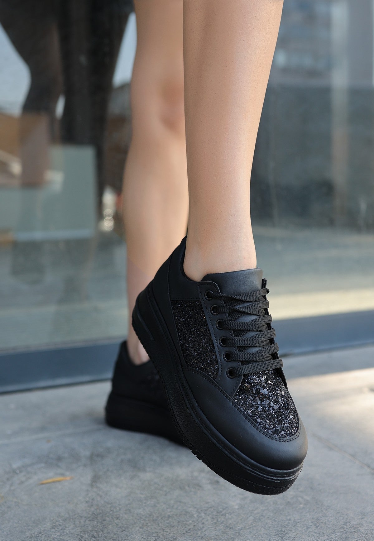 Women's Black Leather Glittered Lace-Up Sports Shoes - STREETMODE™