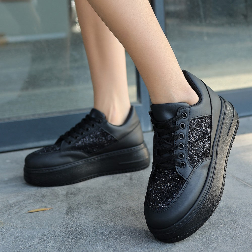 Women's Black Leather Glittered Lace-Up Sports Shoes - STREETMODE™